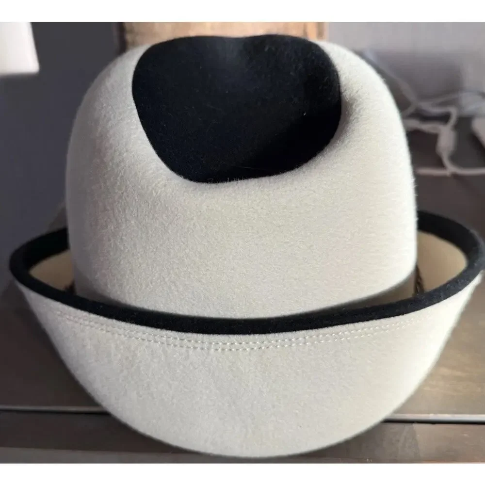Vintage Oleg Cassini Ivory Felt Fedora Hat Real Feather Band Size 7 7 1/8 - Picture 5 of 5